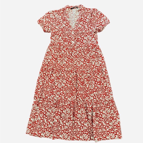 Zara Ditsy Floral V Neck Flowy Short Sleeve Tiered Midi Knee Length Dress,Size M - Picture 7 of 12